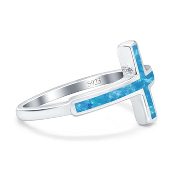 Sideways Cross Ring Rhodium Plated Band Lab Created Blue Opal 925 Sterling Silver (12mm)